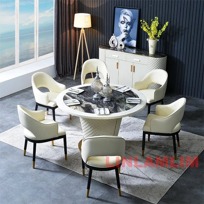 Marble Dining Table with 6 Upholstered Genuine Leather Chairs