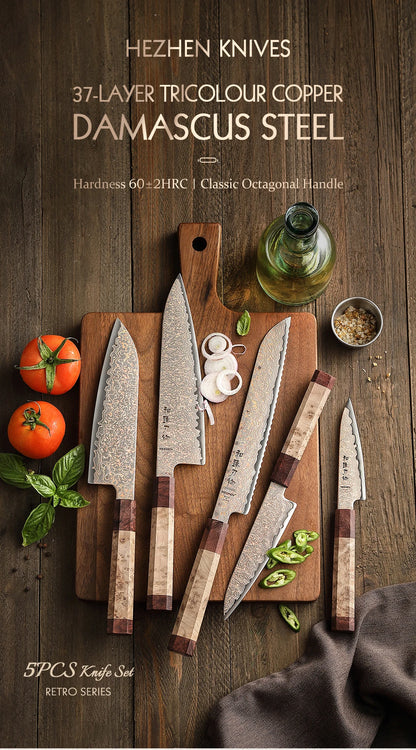 HEZHEN 5PC Knife Set 37 Layers Tri-Color Copper