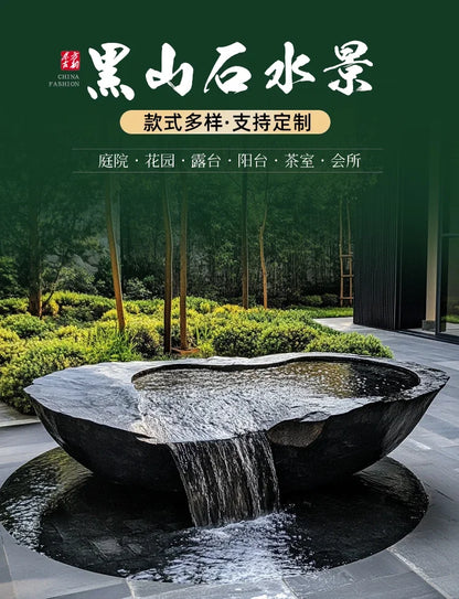 FZ  Black Mountain stone water bowl basin courtyard