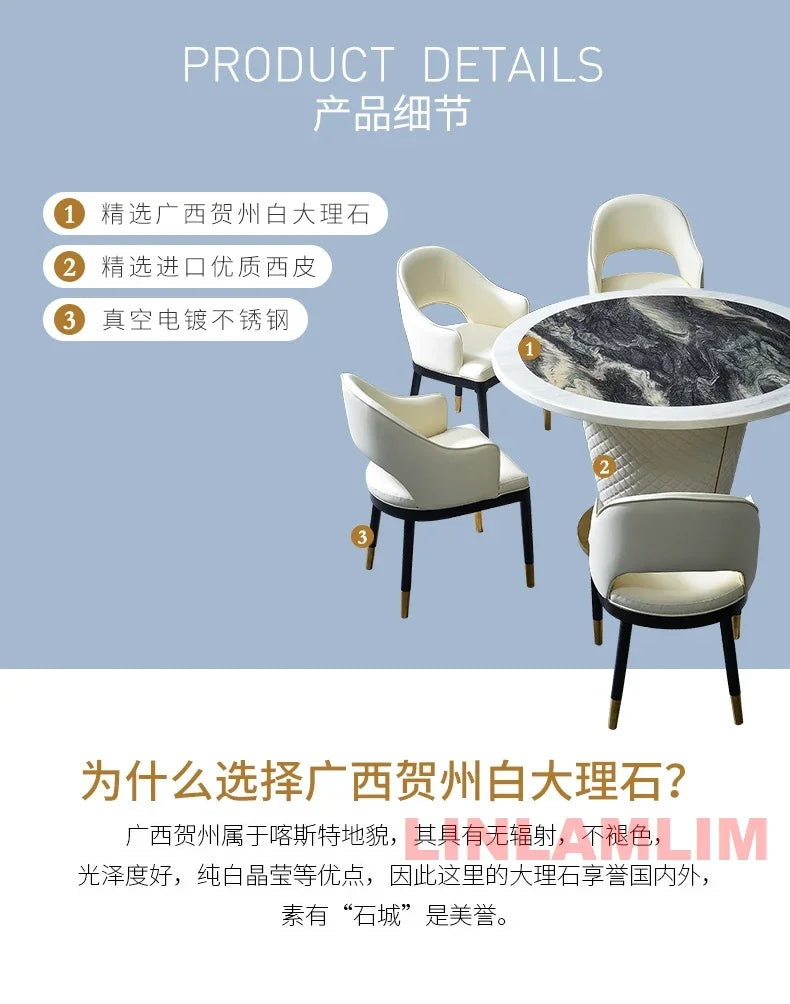 Marble Dining Table with 6 Upholstered Genuine Leather Chairs