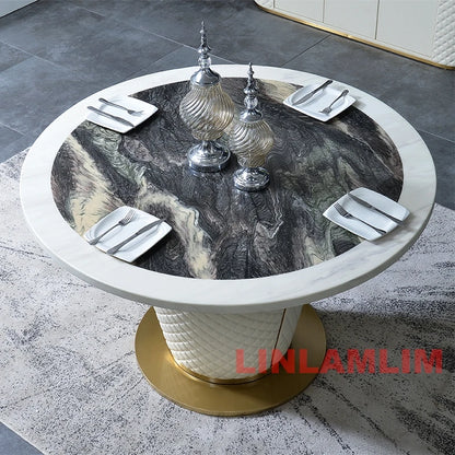 Marble Dining Table with 6 Upholstered Genuine Leather Chairs