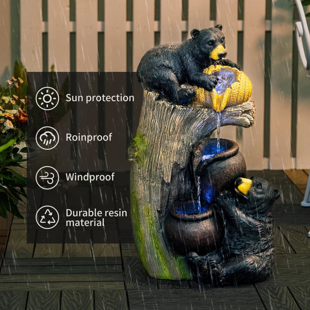 Bear Outdoor Water Fountain with LED Lights Cascading