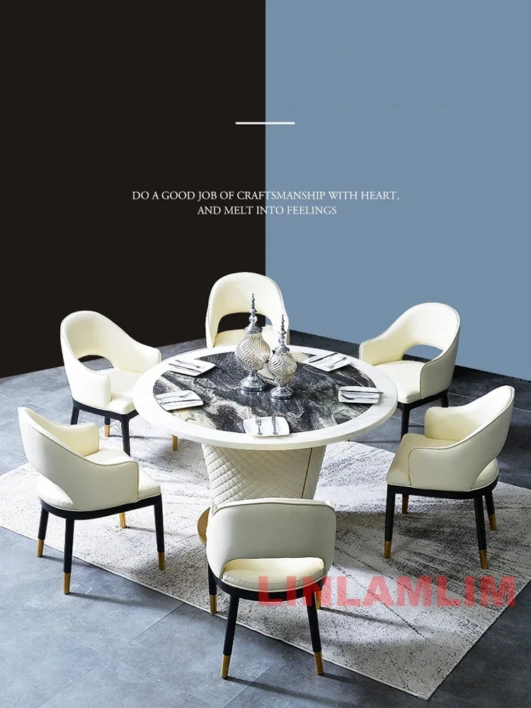 Marble Dining Table with 6 Upholstered Genuine Leather Chairs