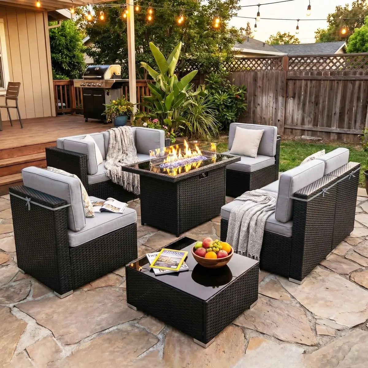 8 Pieces Patio Furniture Set with 44" Propane Gas Fire Pit