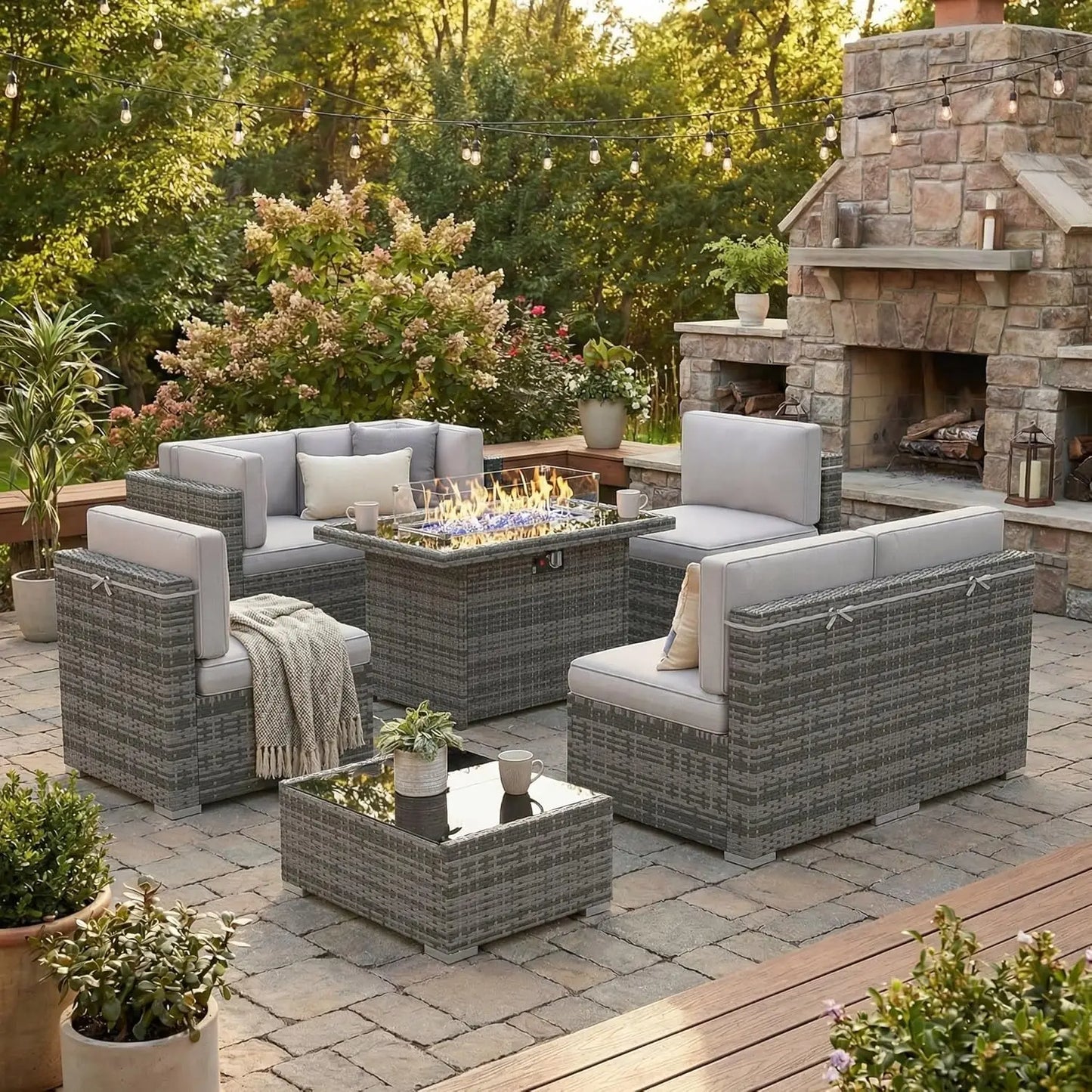 8 Pieces Patio Furniture Set with 44" Propane Gas Fire Pit