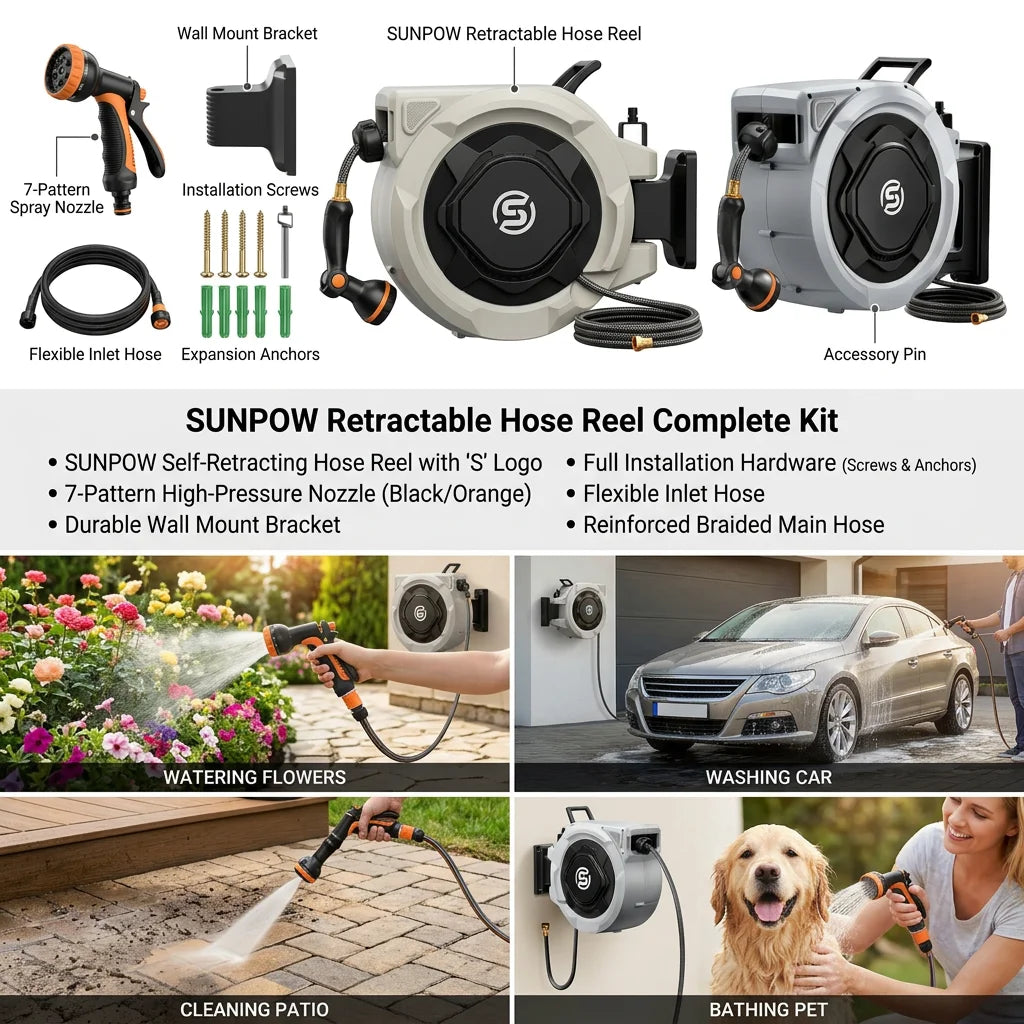 SUNPOW Retractable Garden Hose Reel,5/8in×100FT