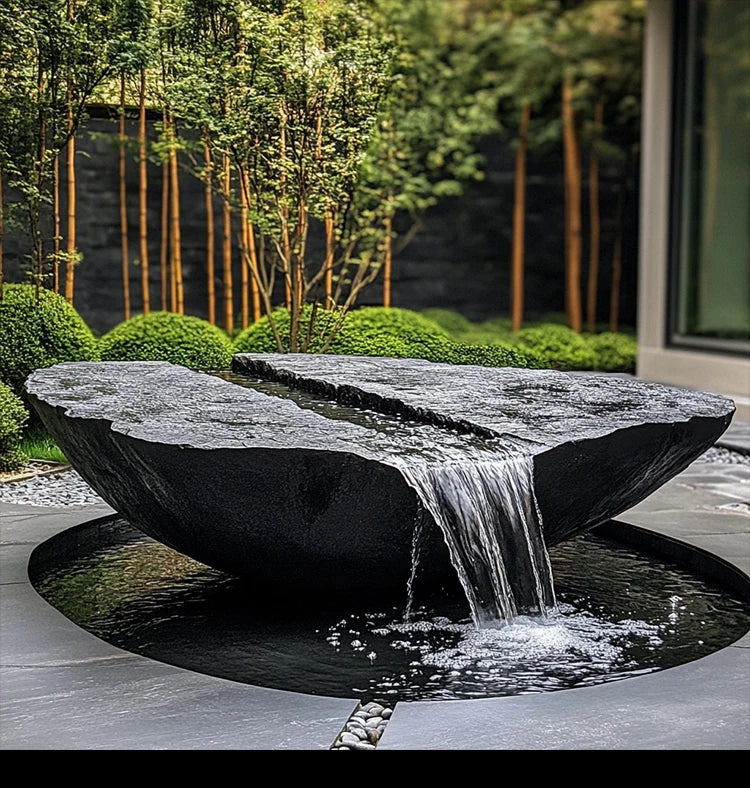 FZ  Black Mountain stone water bowl basin courtyard