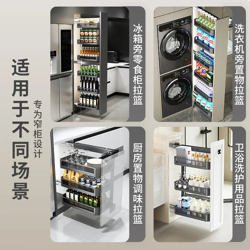 High cabinet pull basket extremely narrow kitchen