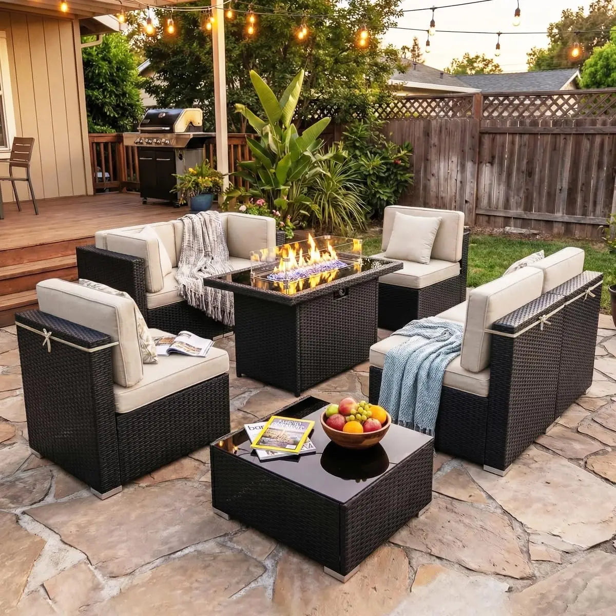 8 Pieces Patio Furniture Set with 44" Propane Gas Fire Pit