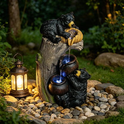 Bear Outdoor Water Fountain with LED Lights Cascading