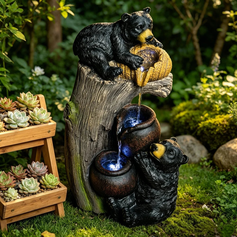 Bear Outdoor Water Fountain with LED Lights Cascading