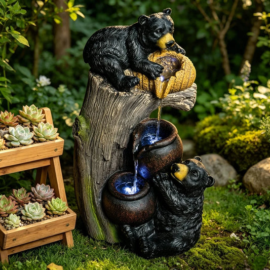Bear Outdoor Water Fountain with LED Lights Cascading