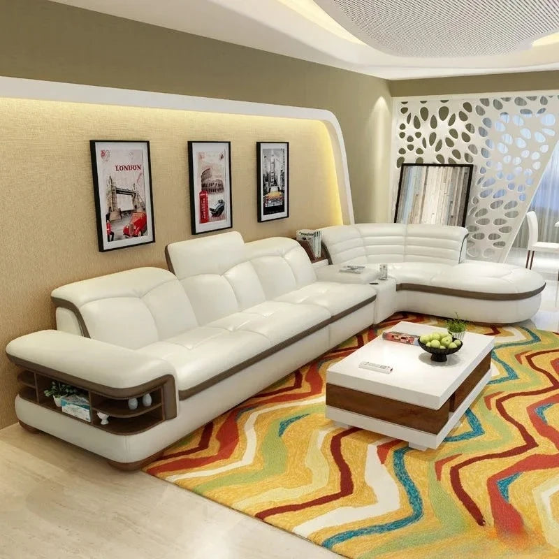 Luxury L-Shaped Genuine Leather Sectional Sofa