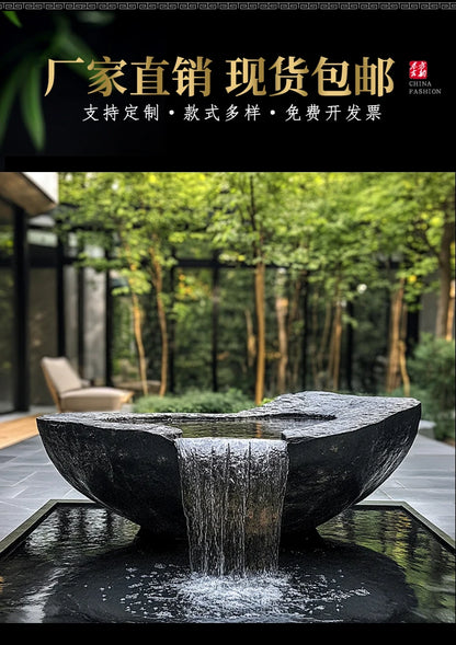FZ  Black Mountain stone water bowl basin courtyard