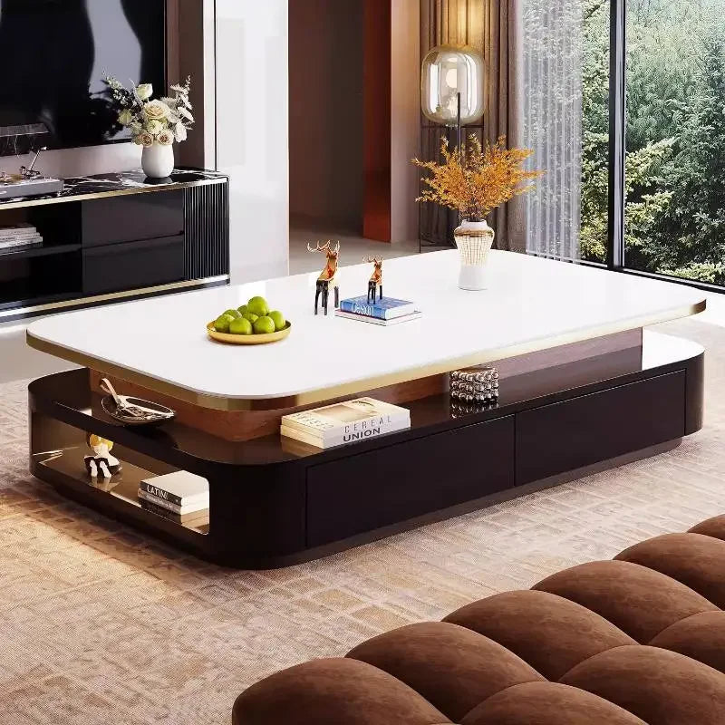 White Glass Coffee Table Black Decoration Drawer