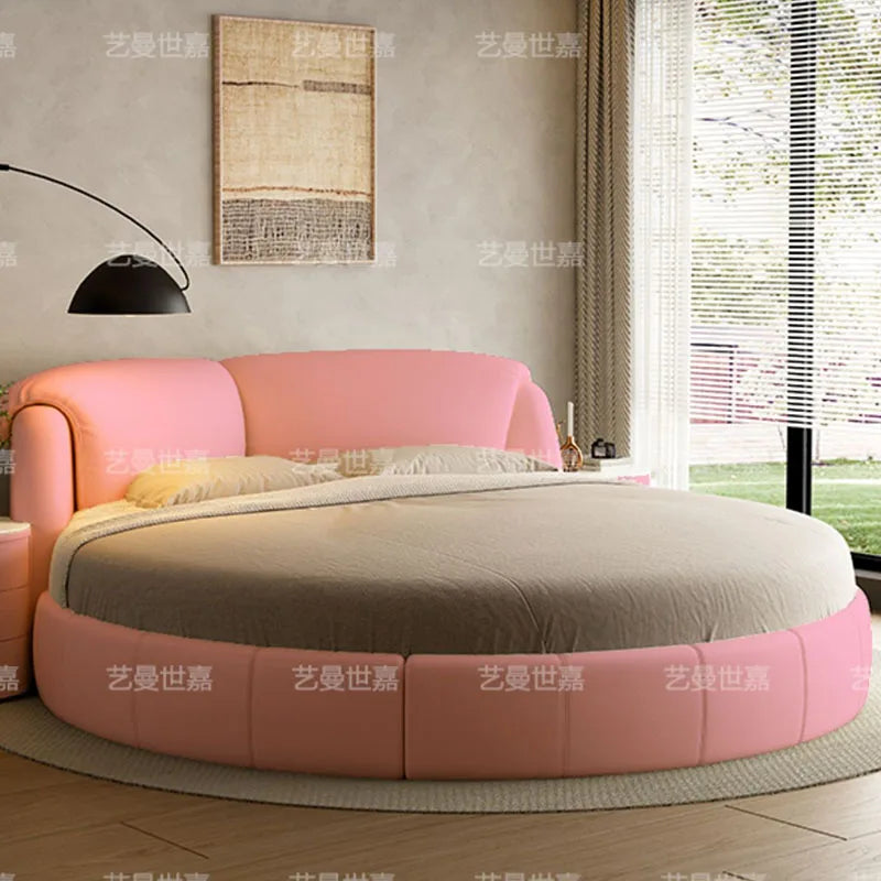 Luxury Modern Genuine Leather Round Double Bed