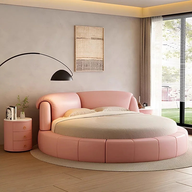 Luxury Modern Genuine Leather Round Double Bed