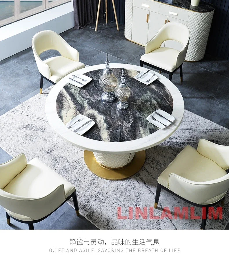 Marble Dining Table with 6 Upholstered Genuine Leather Chairs