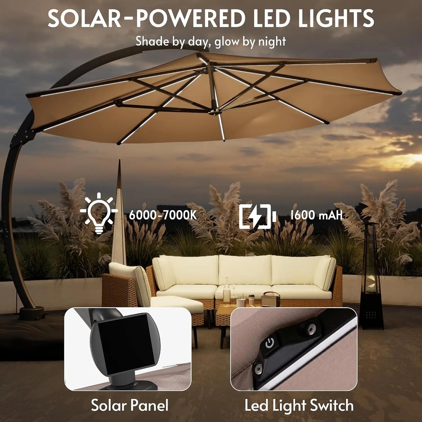 11FT Solar Powered LED Light Cantilever Patio Umbrella