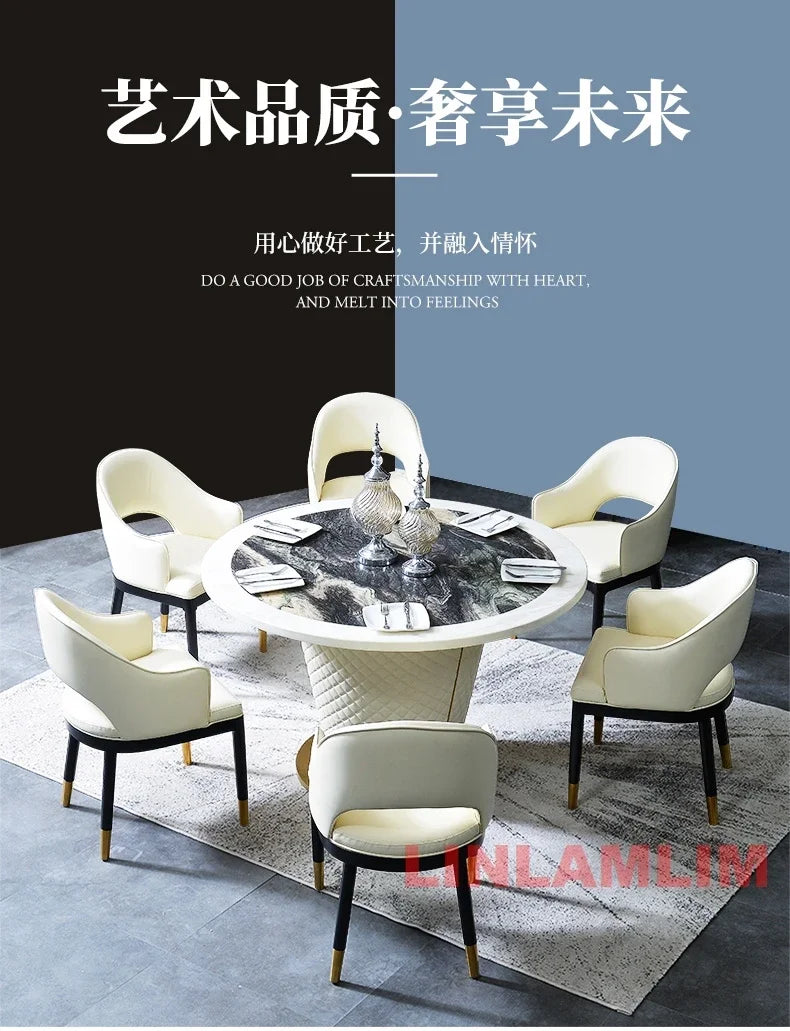 Marble Dining Table with 6 Upholstered Genuine Leather Chairs