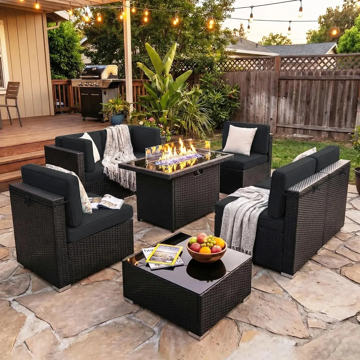 8 Pieces Patio Furniture Set with 44" Propane Gas Fire Pit